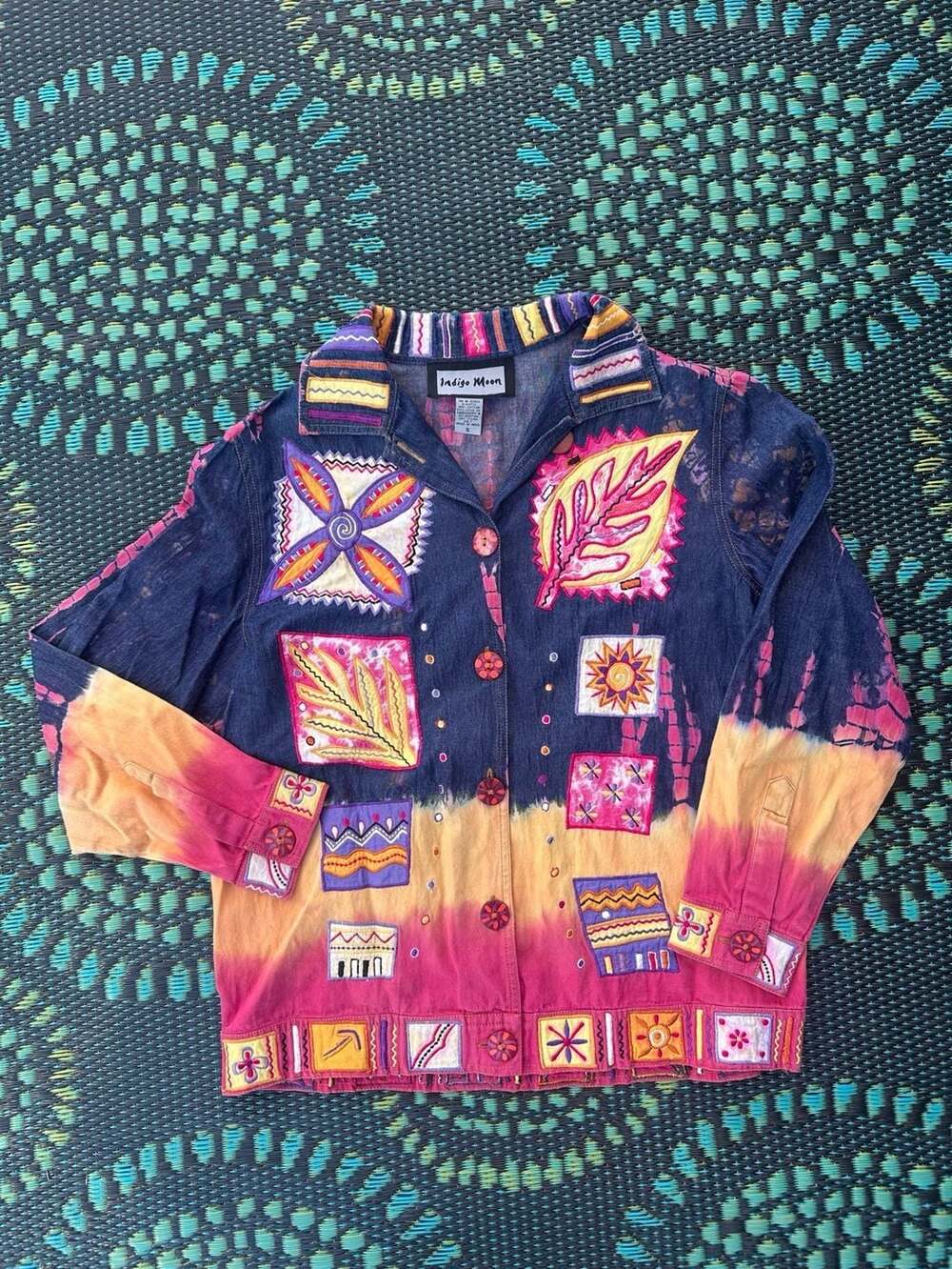 Indigo Moon Embroidered Patchwork Jacket Size S Denim Tie Dye Artwear